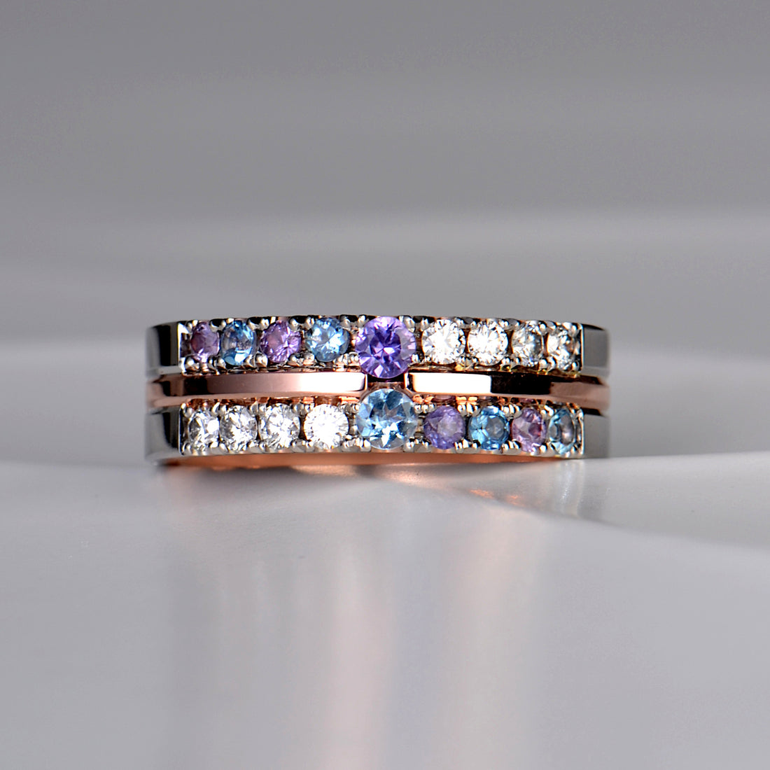gemstone ring in rose gold and platinum designed by jewellery artist Christine Sadler
