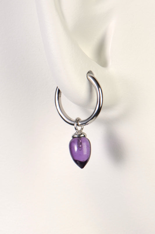 real amethyst and real silver small hoop earrings that are easy to put on and off by jewellery designer Jorge Revilla