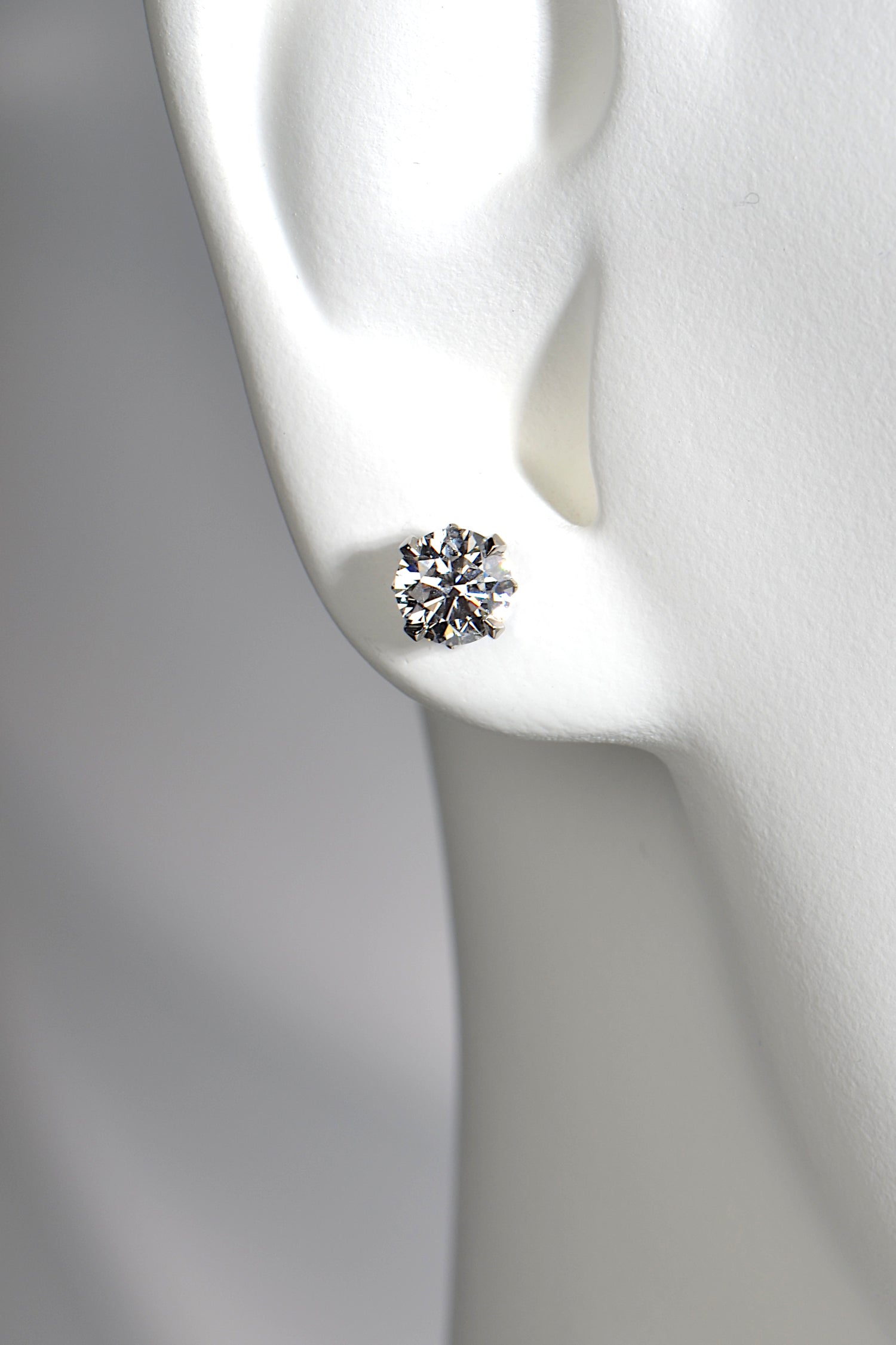 stunning lab diamond platinum earrings in an ear to show the scale