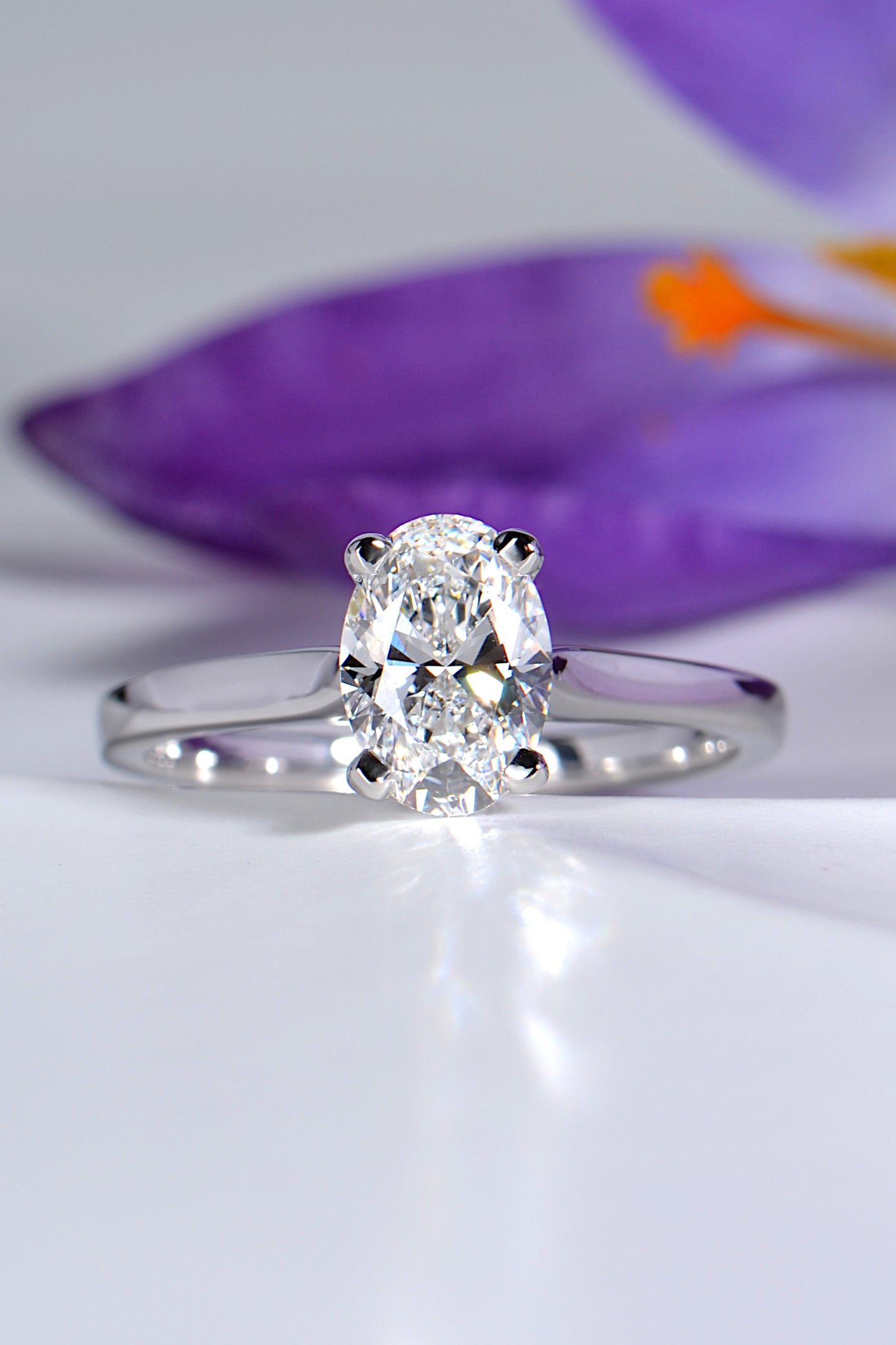 One carat oval cut diamond ring made in platinum. Available in lab grown diamond or mined diamond.