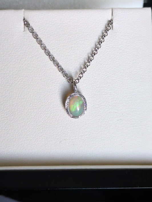 Designer Opal Silver Birthstone Necklace For October