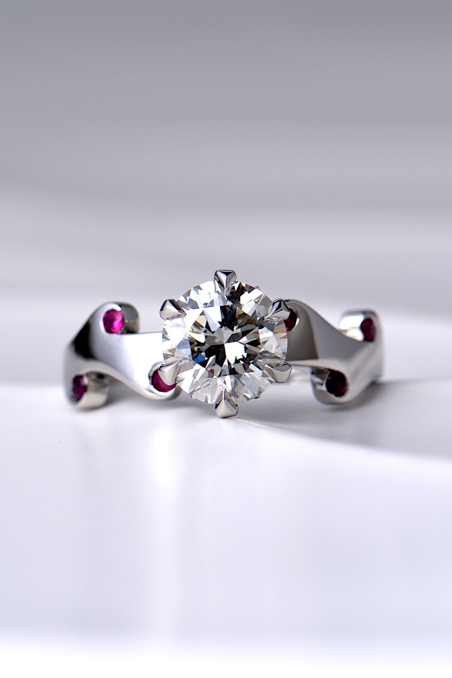 designer lab grown two carat diamond ring with rubies by jewellery designer Christine Sadler