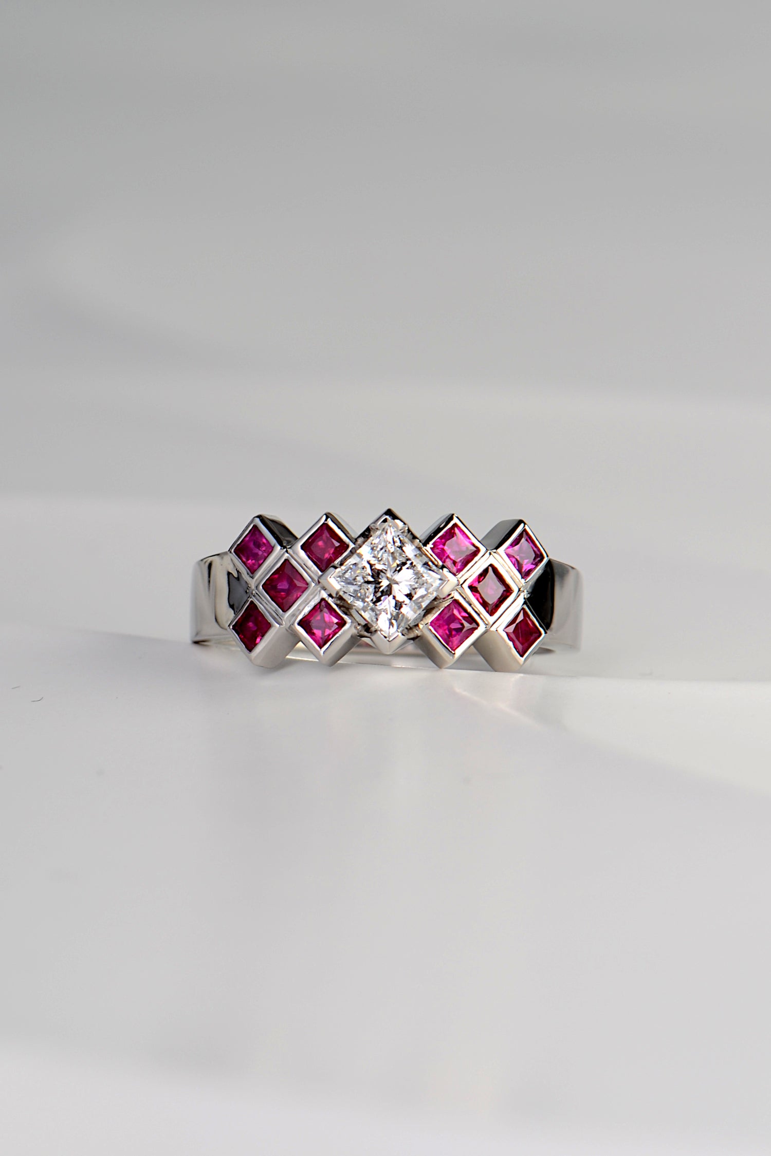 scottish tartan ring in platinum with rubies and diamonds by scottish jewellery designer Christine Sadler