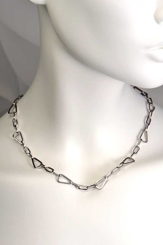 real silver chain necklace that is special and unusual with a mixture of triangular and rectangular links