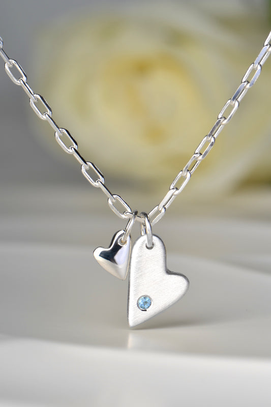 modern two heart sterling silver  designer necklace with an aquamarine - Christine Sadler