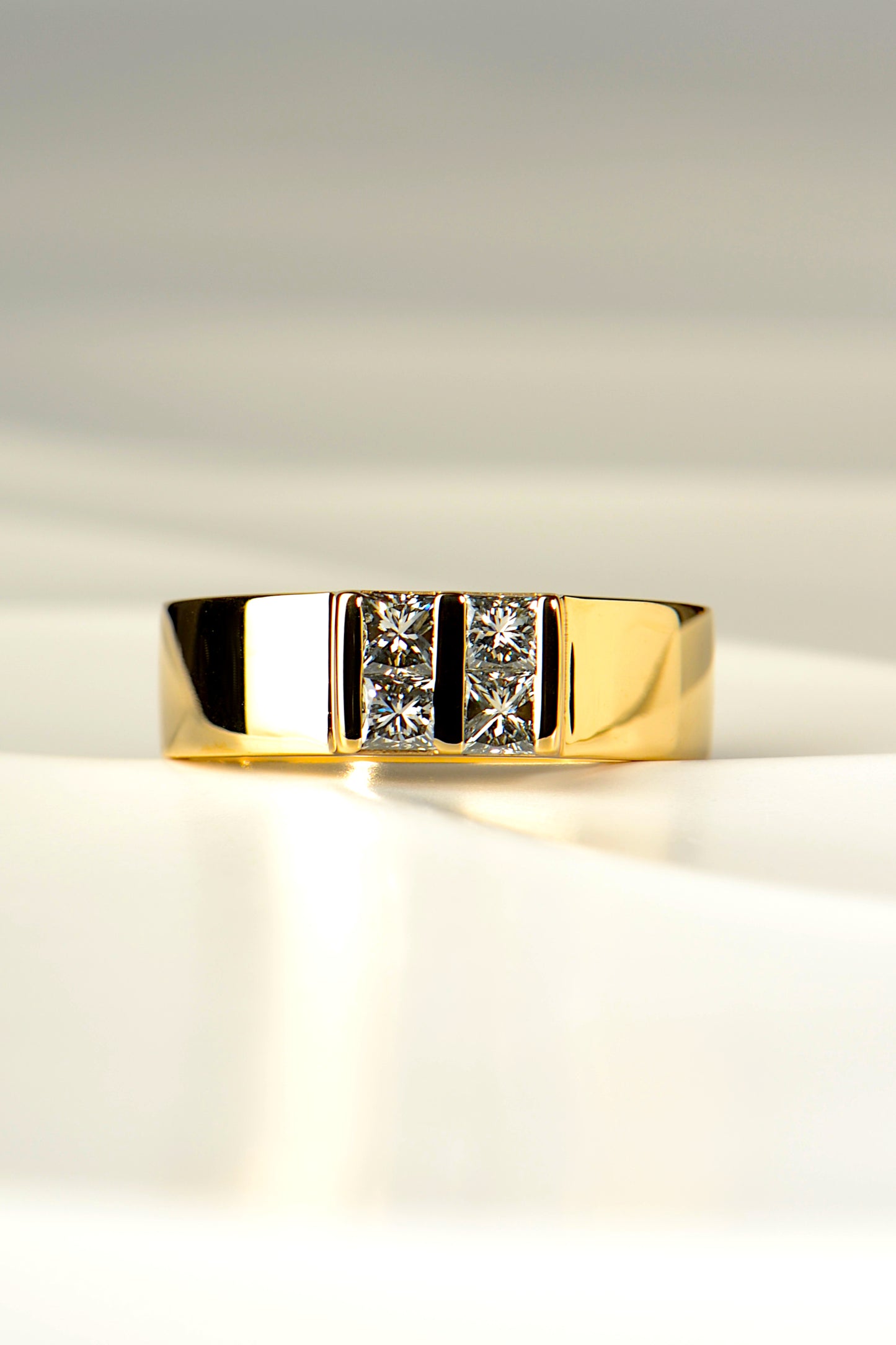 contemporary yellow gold ring for a man or woman set with lab grown diamonds inspired by Battenberg cake