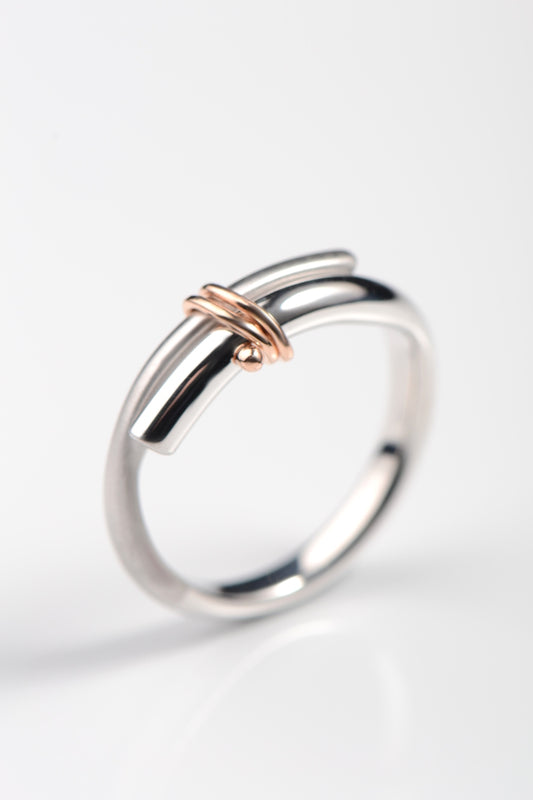 modern white and rose gold ring by jewellery designer Christine Sadler